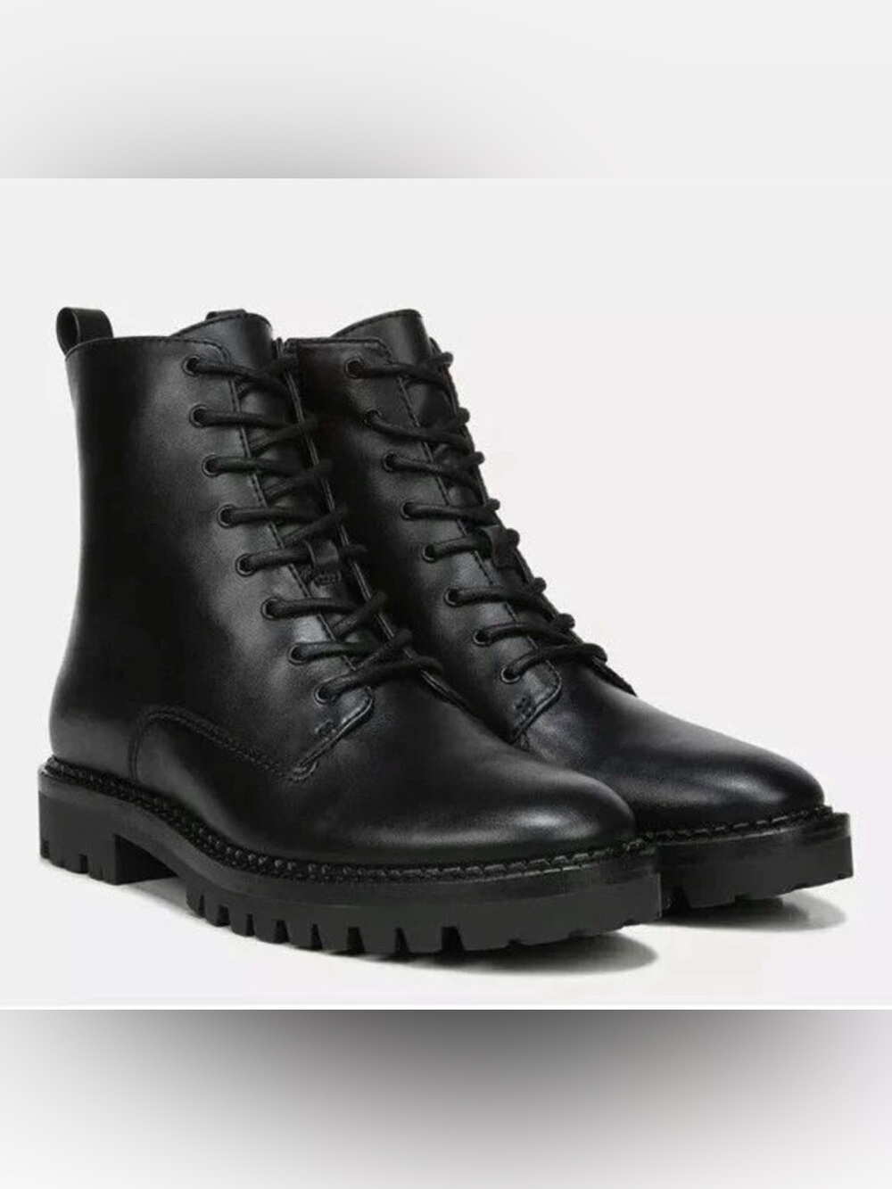 Vince Cabria Lug Combat Boot Black Leather Lace Up Side Zip Size 7.5 EUR 38